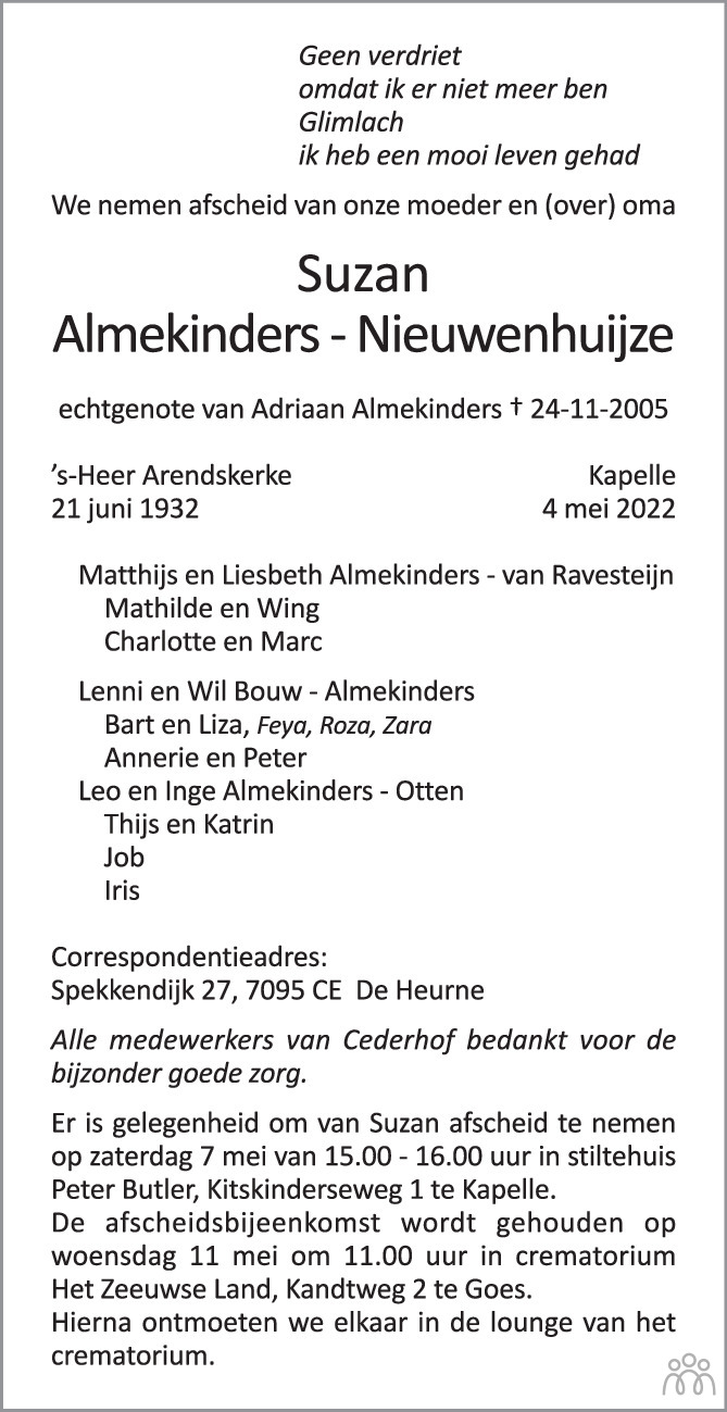 Overlijdensbericht van Susan Almekinders-Nieuwenhuijze in PZC Provinciale Zeeuwse Courant