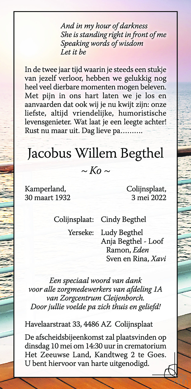 Overlijdensbericht van Jacobus Willem (Ko) Begthel in PZC Provinciale Zeeuwse Courant