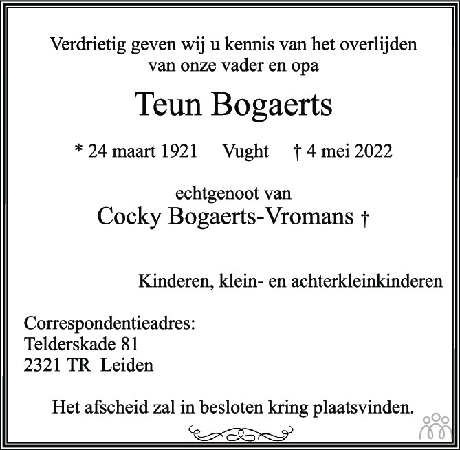 Overlijdensbericht van Teun Bogaerts in Brabants Dagblad