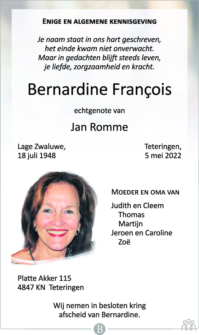 Overlijdensbericht van Bernardine François-Romme in BN DeStem