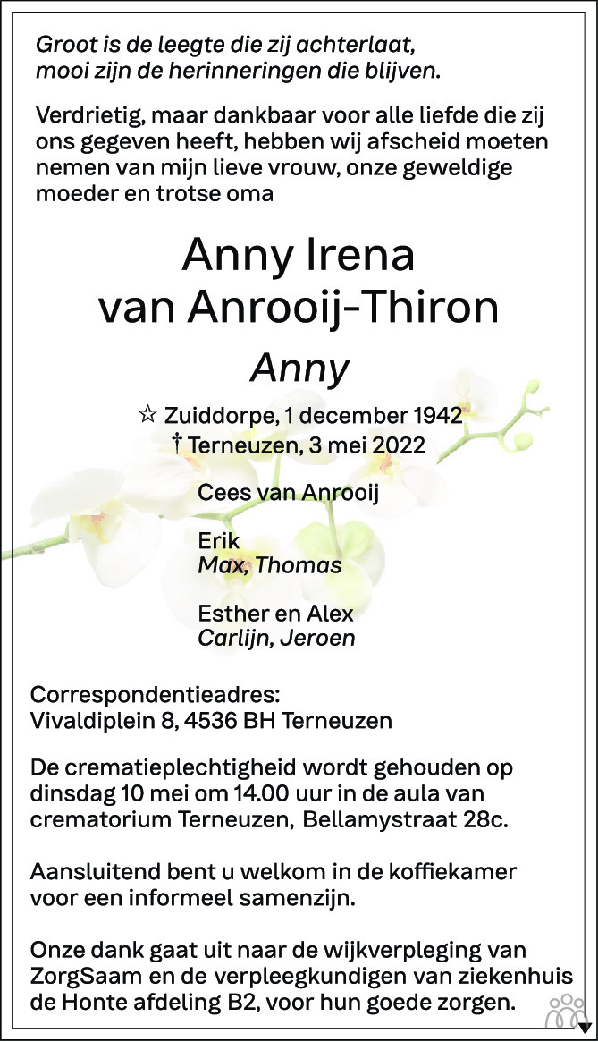 Overlijdensbericht van Anny Irena (Anny) van Anrooij-Thiron in PZC Provinciale Zeeuwse Courant