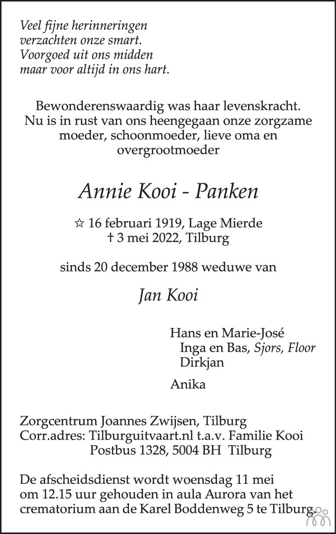 Overlijdensbericht van Annie Kooi-Panken in Brabants Dagblad