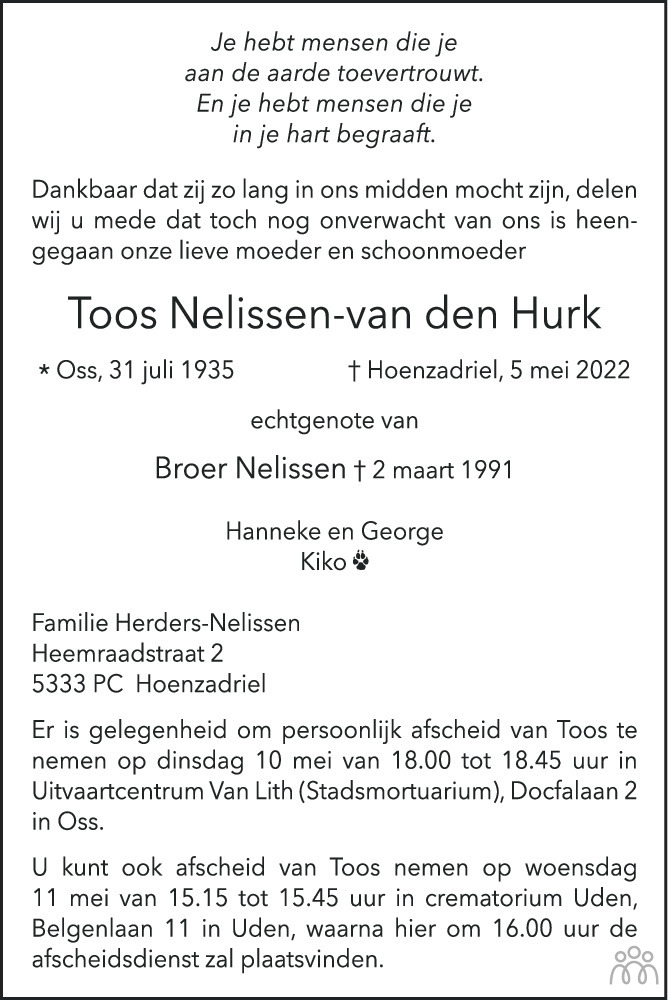 Overlijdensbericht van Toos Nelissen-van den Hurk in Brabants Dagblad