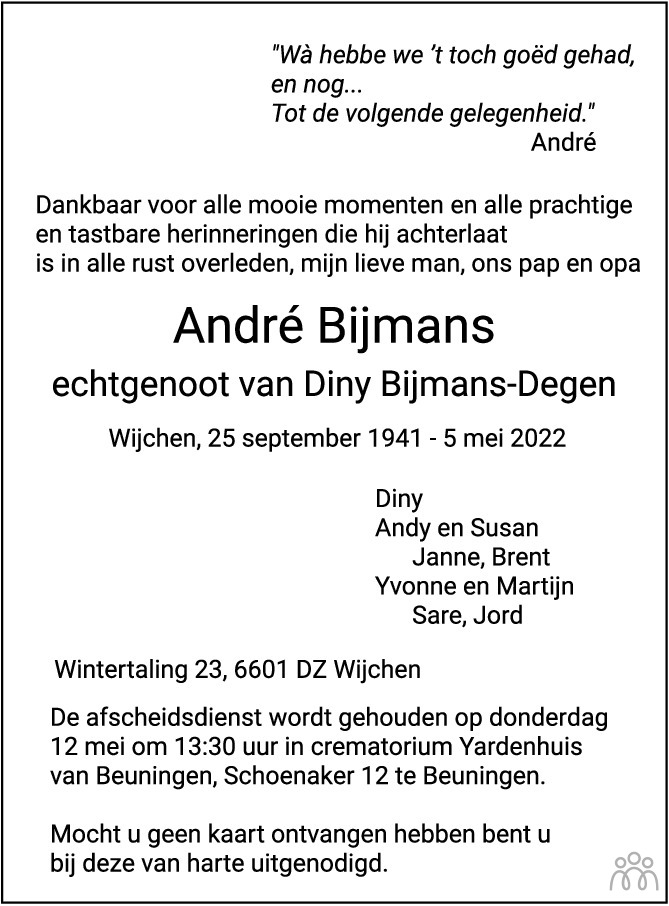 Overlijdensbericht van André Bijmans in de Gelderlander