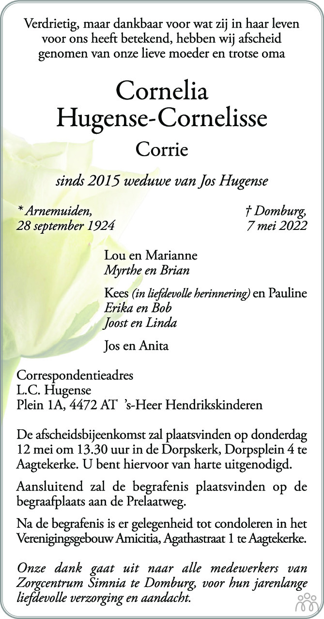 Overlijdensbericht van Corrie (Cornelia) Hugense-Cornelisse in PZC Provinciale Zeeuwse Courant
