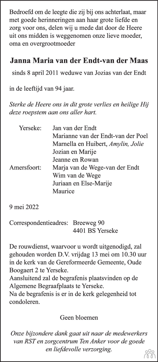 Overlijdensbericht van Janna Maria van der Endt-van der Maas in PZC Provinciale Zeeuwse Courant