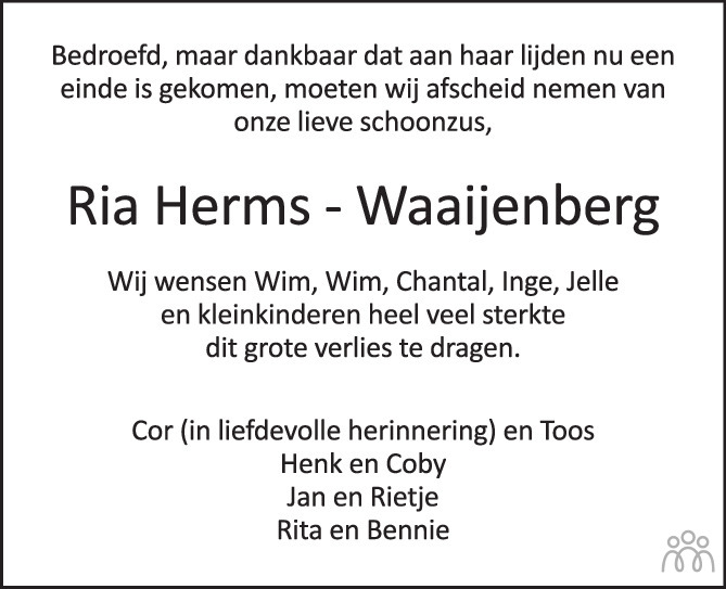 Overlijdensbericht van Hendria Reina (Ria) Herms-Waaijenberg in de Stentor
