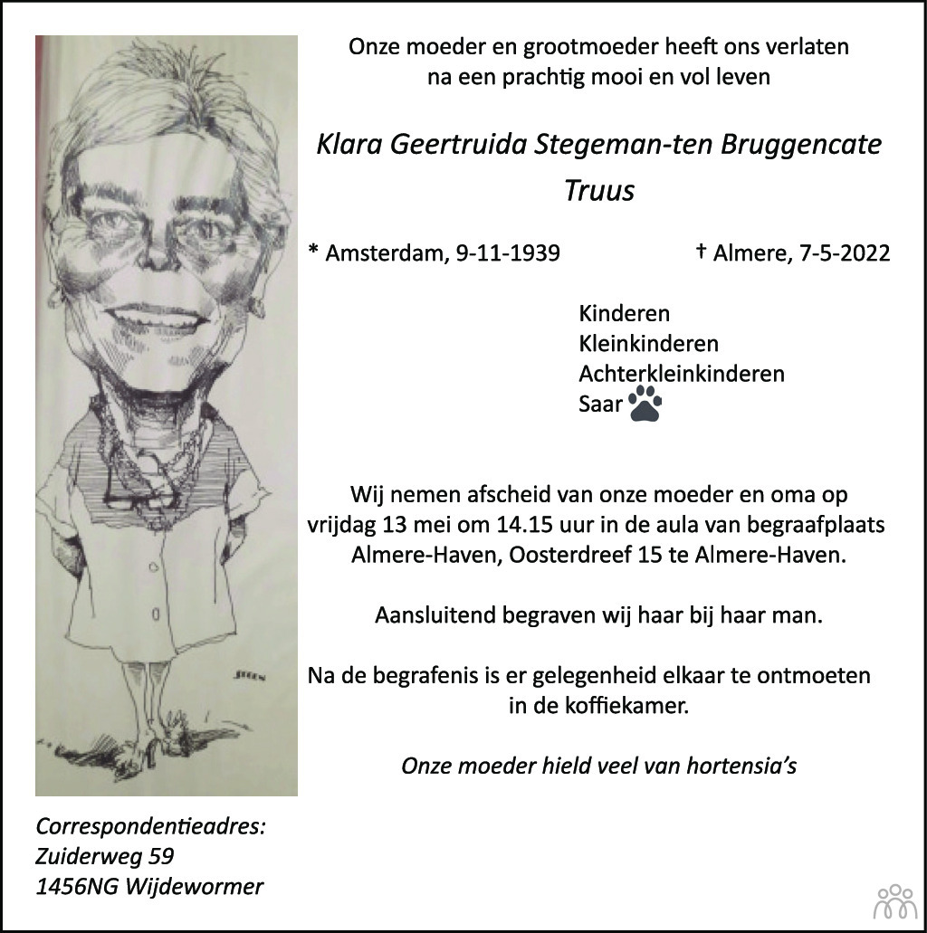 Overlijdensbericht van Klara Geertruida (Truus) Stegeman-ten Bruggekate in Het Parool