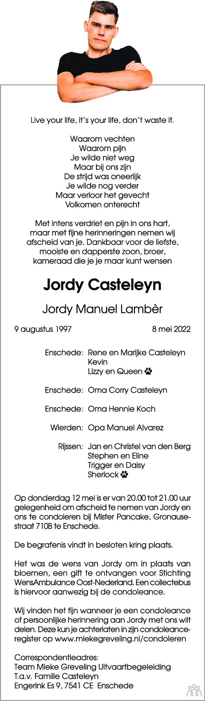 Overlijdensbericht van Jordy (Jordy Manuel Lambêr) Casteleyn in Tubantia