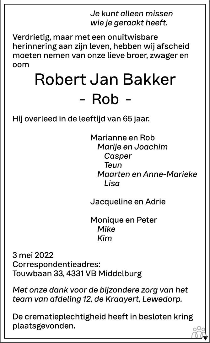 Overlijdensbericht van Robert Jan (Rob) Bakker in PZC Provinciale Zeeuwse Courant