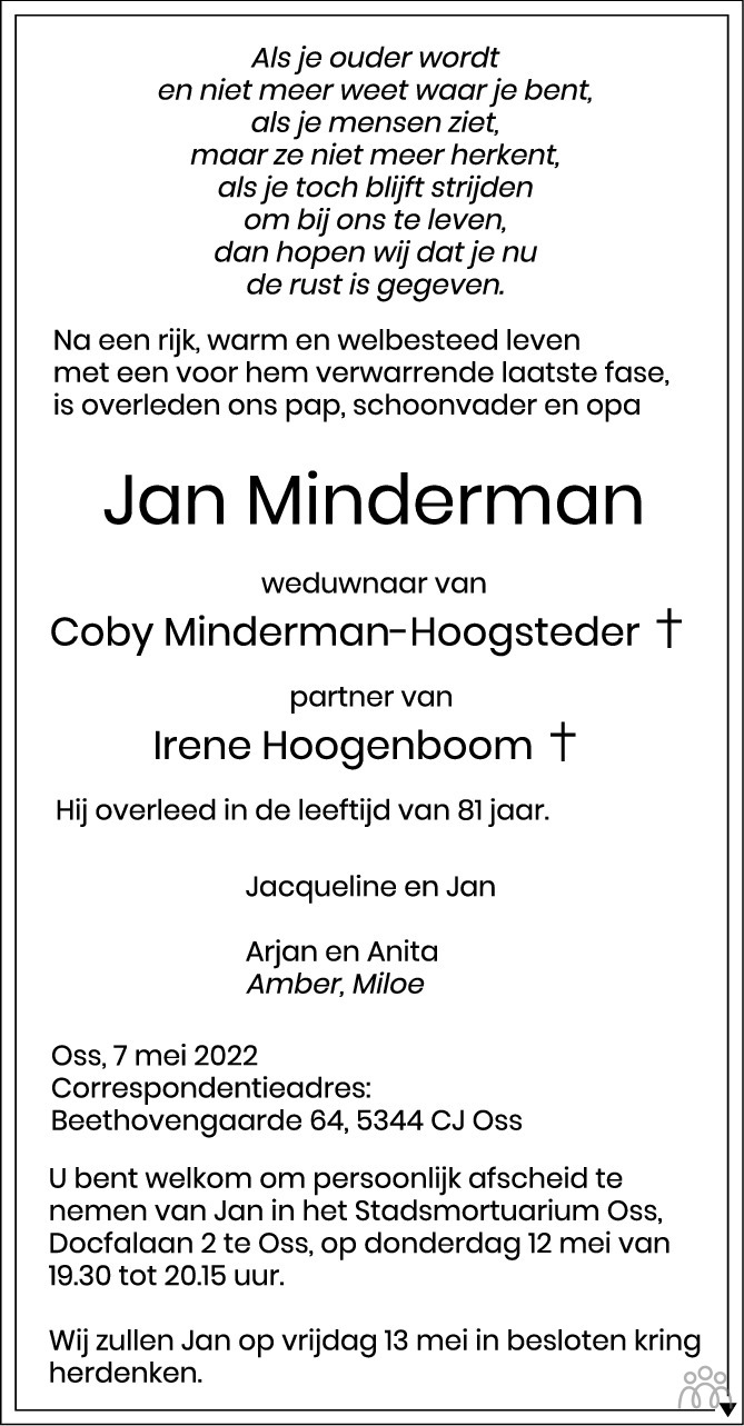 Overlijdensbericht van Jan Minderman in Brabants Dagblad