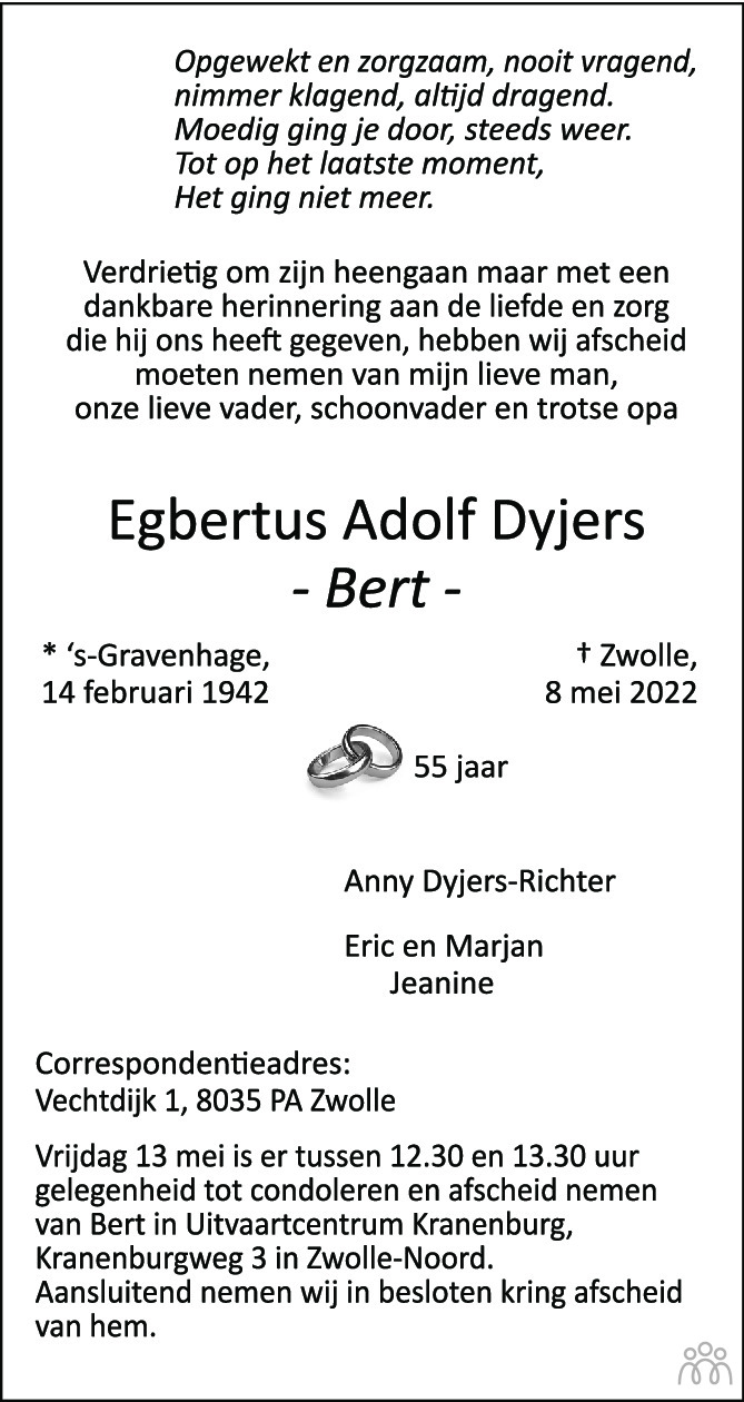 Overlijdensbericht van Egbertus Adolf (Bert) Dyjers in de Stentor