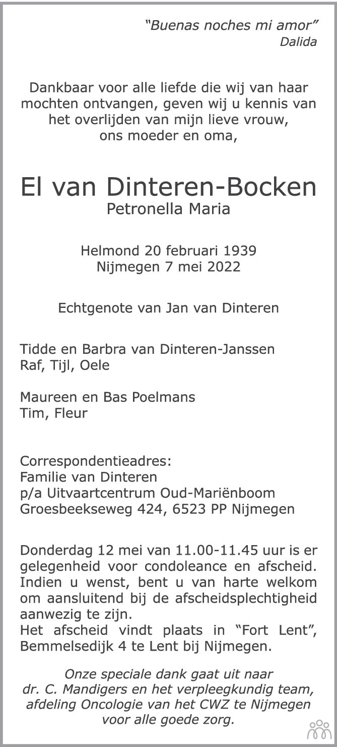 Overlijdensbericht van El (Petronella María) van Dinteren-Bocken in de Gelderlander