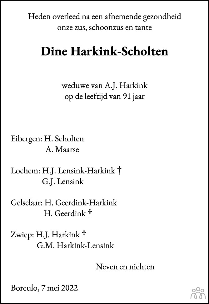 Overlijdensbericht van Gerritdina Johanna (Dine) Harkink-Scholten in de Stentor
