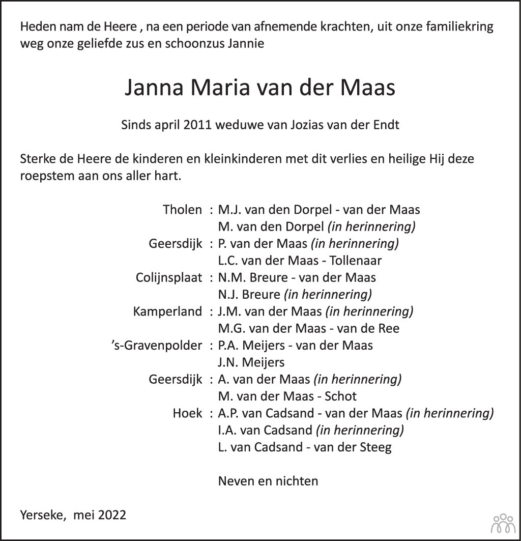 Overlijdensbericht van Janna Maria van der Endt-van der Maas in PZC Provinciale Zeeuwse Courant