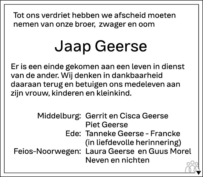 Overlijdensbericht van Jakob Jan Geerse in PZC Provinciale Zeeuwse Courant