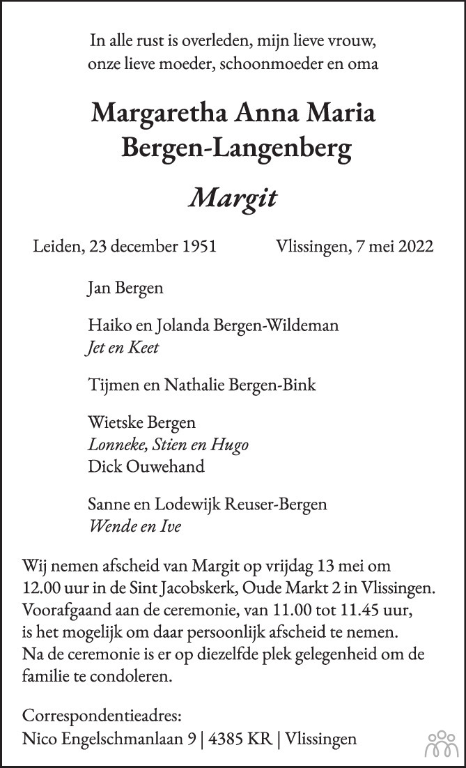 Overlijdensbericht van Margaretha Anna Maria (Margit) Bergen-Langenberg in PZC Provinciale Zeeuwse Courant