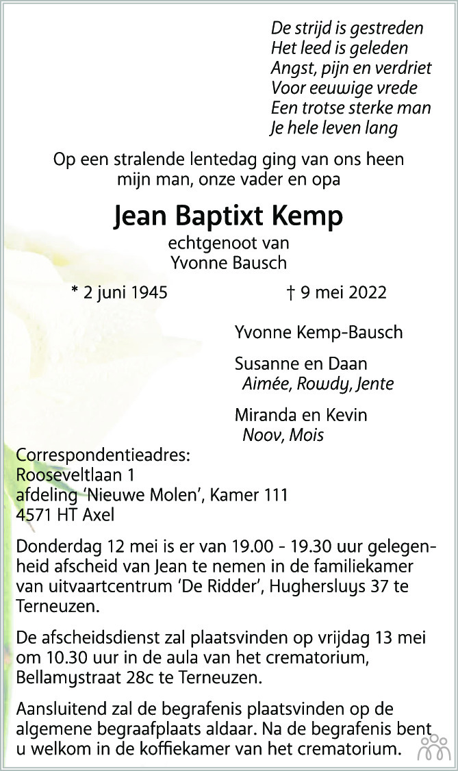 Overlijdensbericht van Jean Baptixt Kemp in PZC Provinciale Zeeuwse Courant