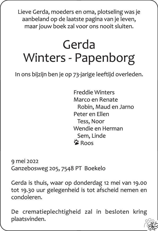 Overlijdensbericht van Gerda Winters-Papenborg in Tubantia