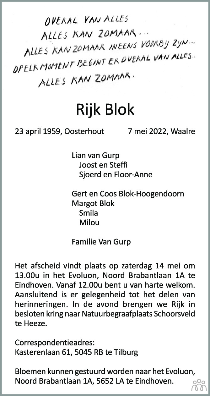 Overlijdensbericht van Rijk Blok in Eindhovens Dagblad