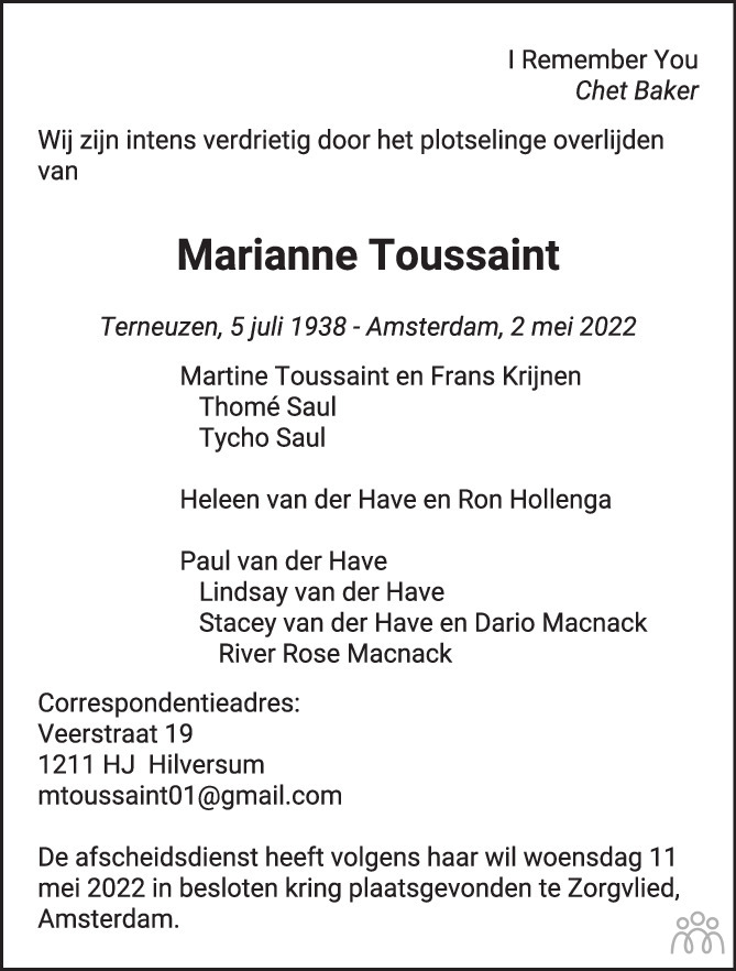 Overlijdensbericht van Marianne Toussaint in PZC Provinciale Zeeuwse Courant
