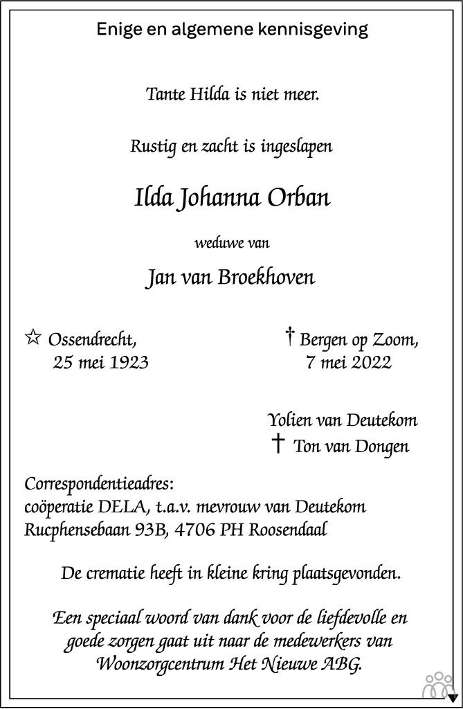 Overlijdensbericht van Ilda Johanna van Broekhoven-Orban in BN DeStem