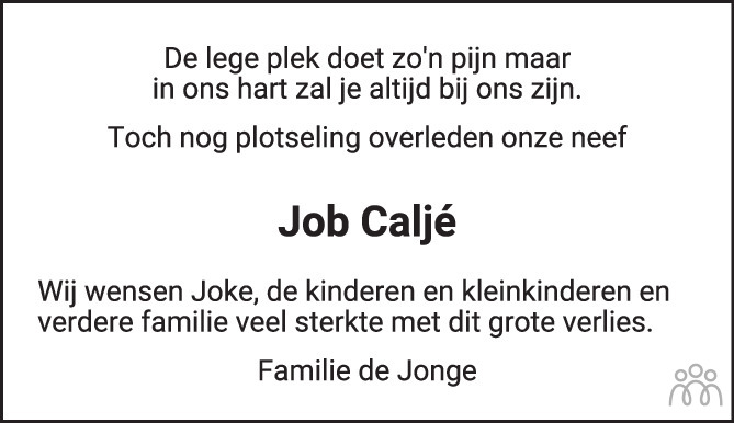 Overlijdensbericht van Job Caljé in PZC Provinciale Zeeuwse Courant