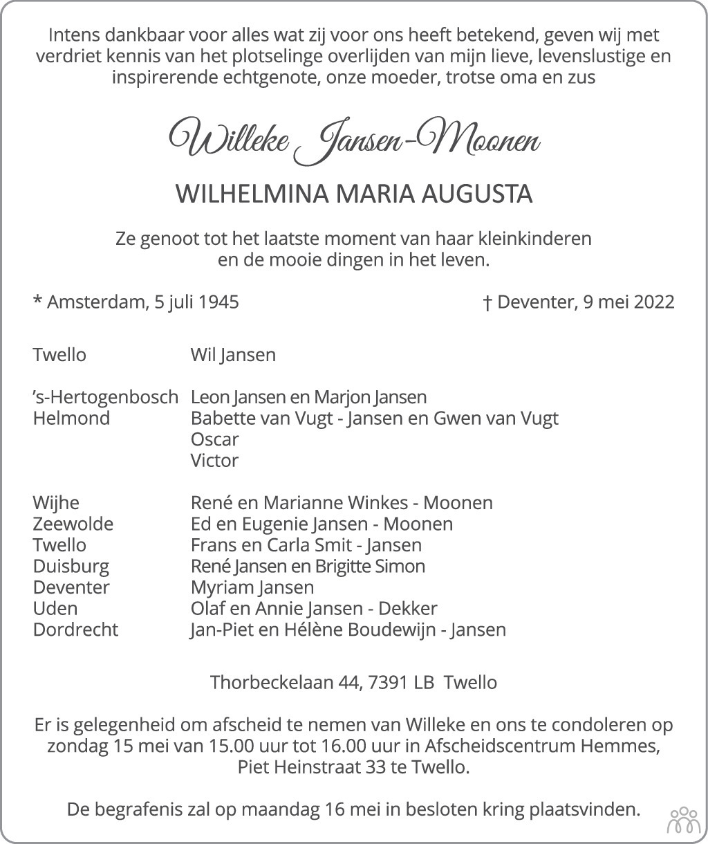 Overlijdensbericht van Willeke (Wilhelmina Maria Augusta) Jansen-Moonen in de Stentor