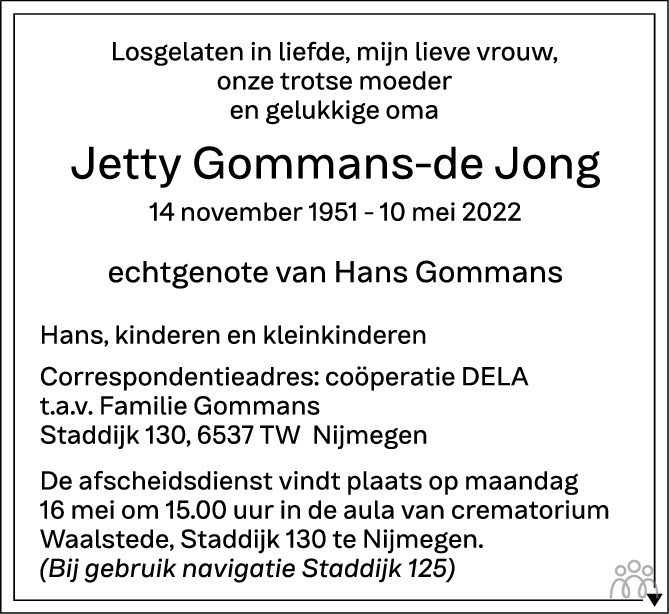 Overlijdensbericht van Jetty Gommans-de Jong in de Volkskrant
