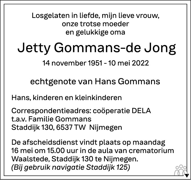 Overlijdensbericht van Jetty Gommans-de Jong in de Gelderlander