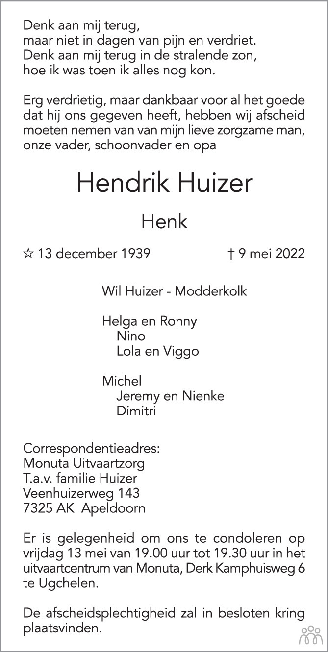 Overlijdensbericht van Hendrik (Henk) Huizer in de Stentor