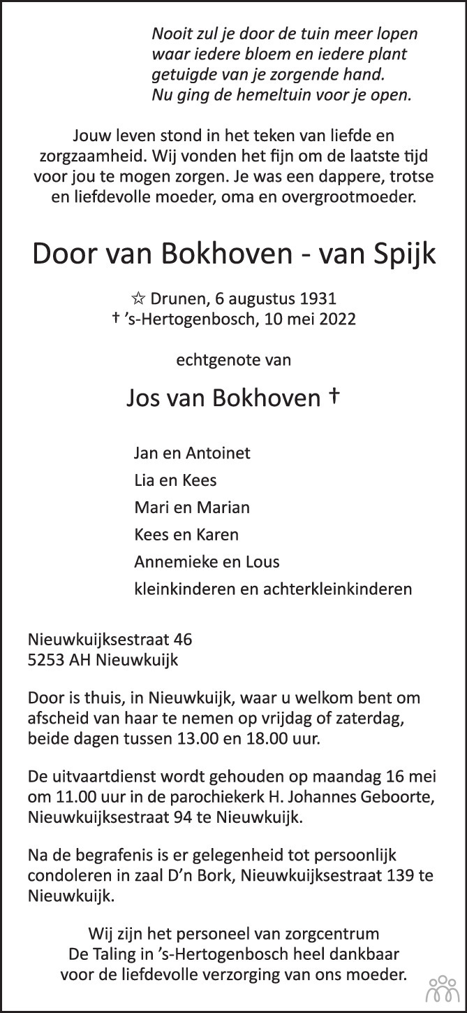 Overlijdensbericht van Door van Bokhoven-van Spijk in Brabants Dagblad