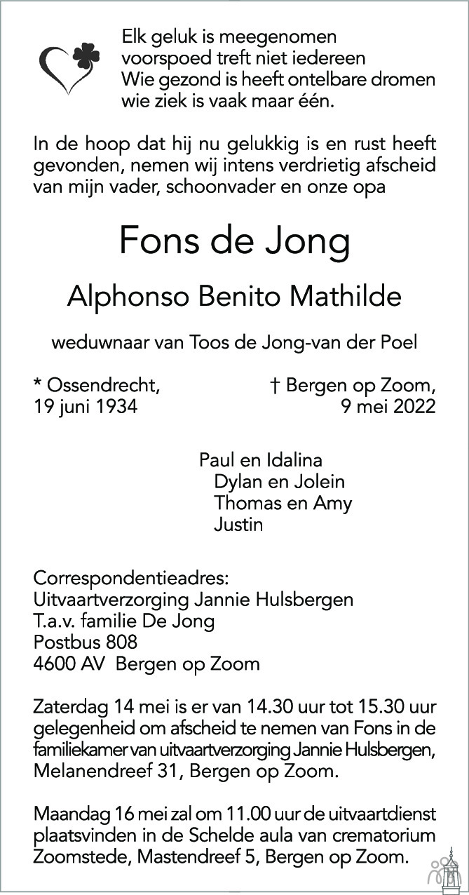 Overlijdensbericht van Fons (Alphonso Benito Mathilde) de Jong in BN DeStem
