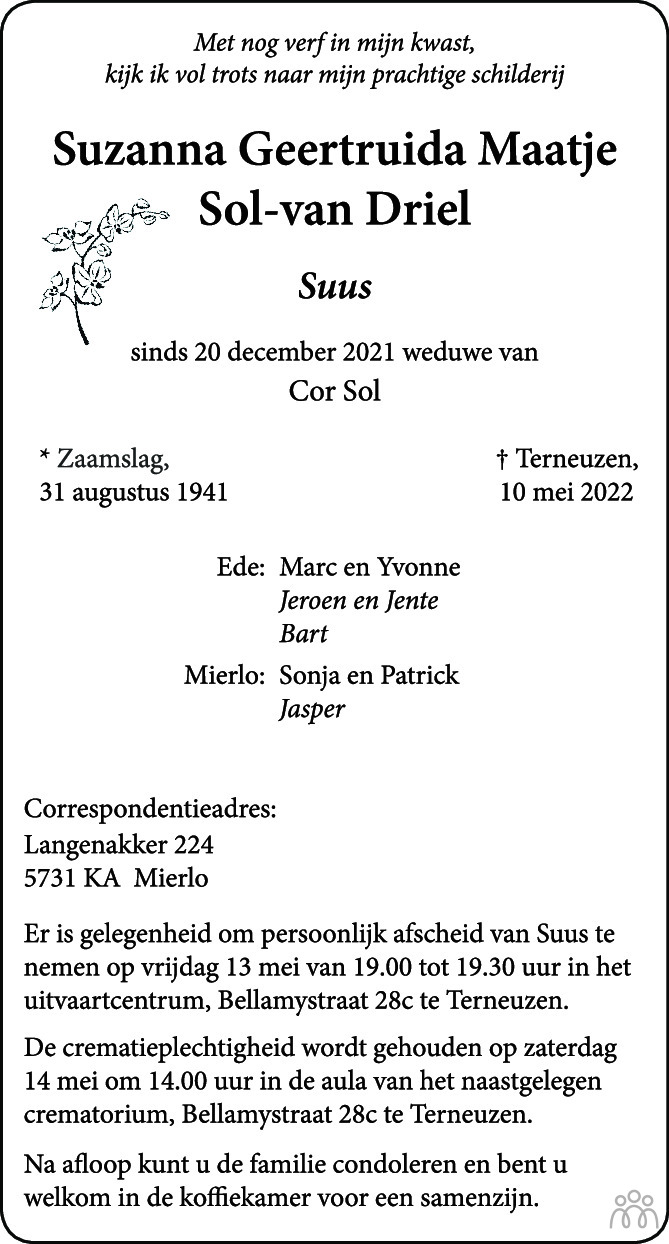 Overlijdensbericht van Suzanna Geertruida Maatje (Suus) Sol-van Driel in PZC Provinciale Zeeuwse Courant