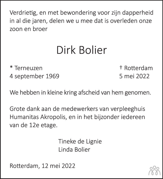 Overlijdensbericht van Dirk Bolier in AD Algemeen Dagblad