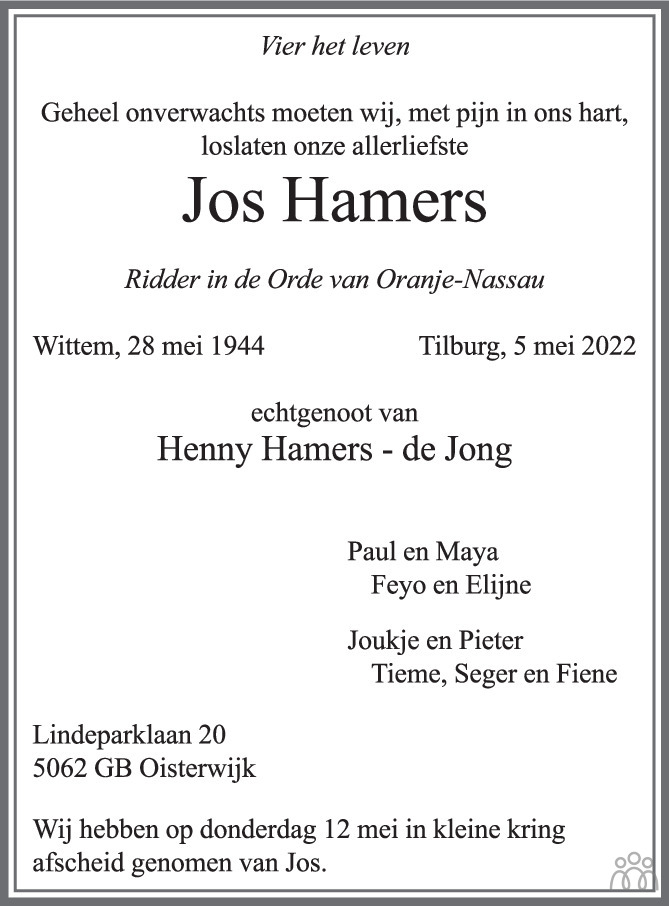 Overlijdensbericht van Jos Hamers in de Volkskrant