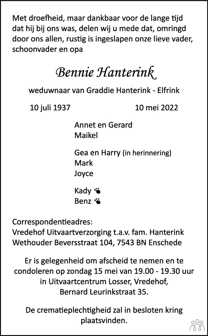 Overlijdensbericht van Bennie Hanterink in Tubantia