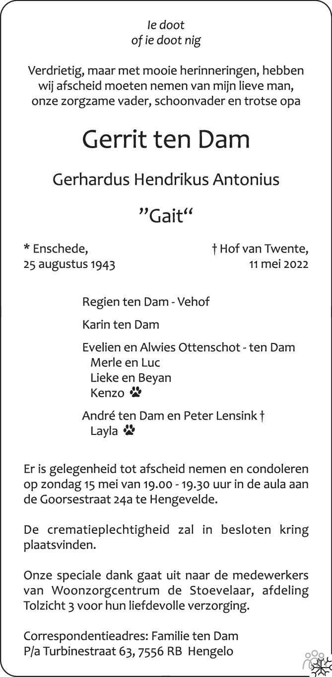 Overlijdensbericht van Gerrit (Gerhardus Hendrikus Antonius)"Gait" ten Dam in Tubantia
