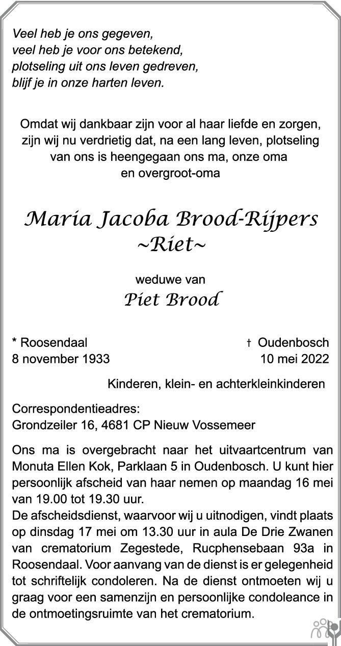 Overlijdensbericht van Riet (Maria Jacoba) Brood-Rijpers in BN DeStem