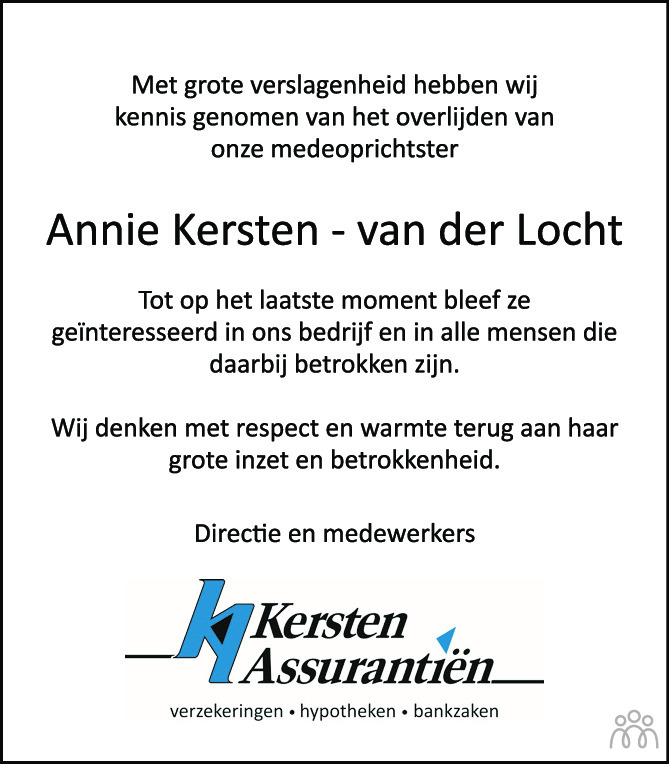 Overlijdensbericht van Annie Kersten-van der Locht in de Gelderlander