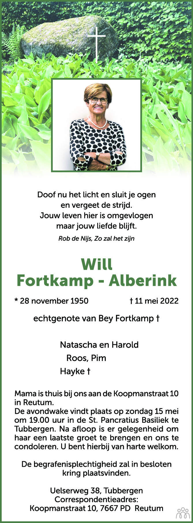 Overlijdensbericht van Will Fortkamp-Alberink in Tubantia
