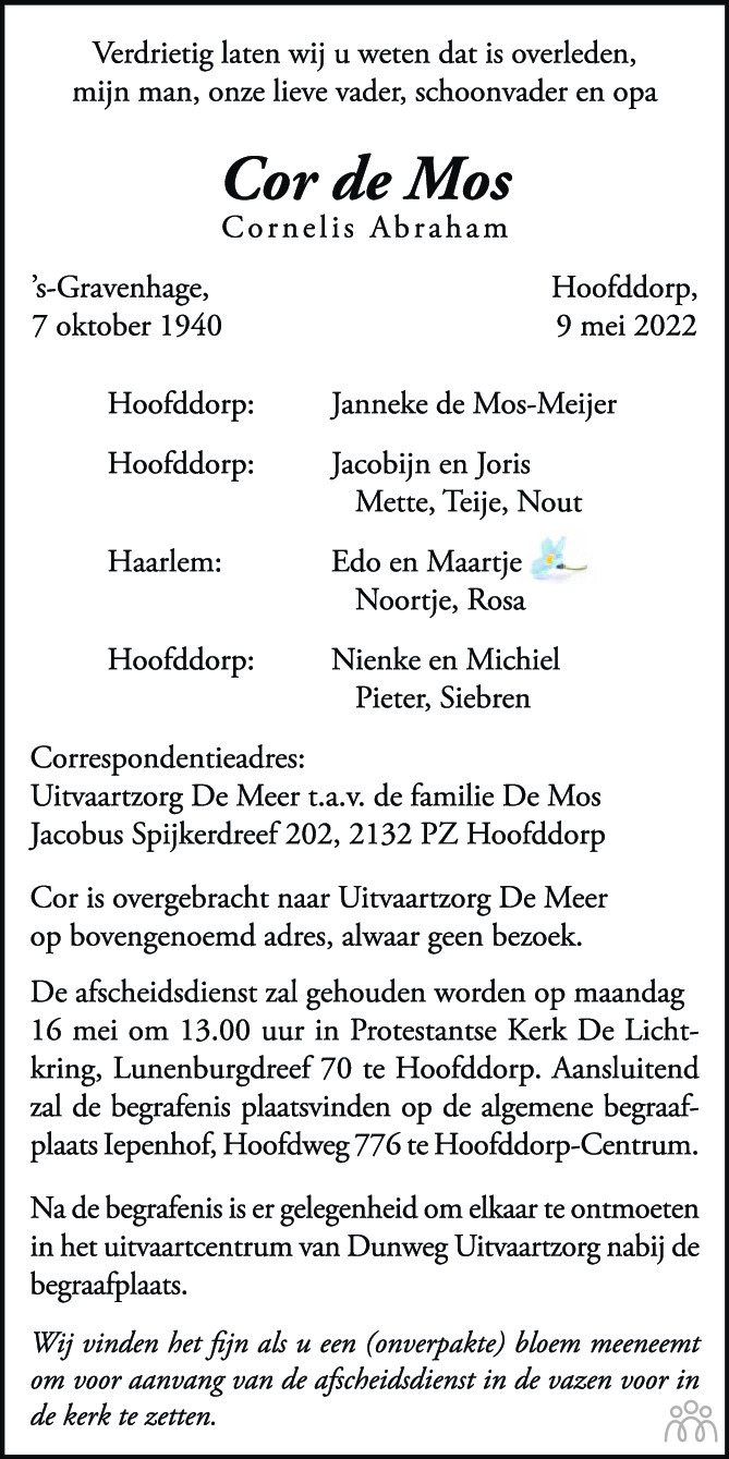Overlijdensbericht van Cor (Cornelis Abraham) de Mos in Trouw