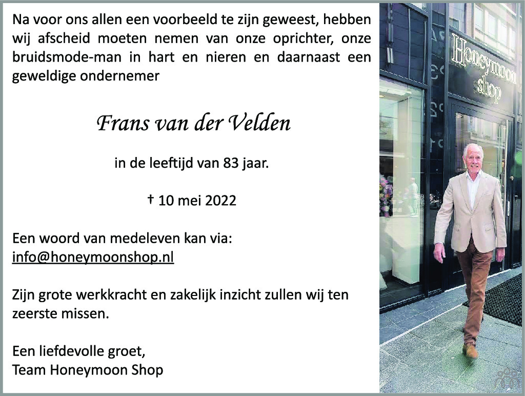 Franciscus Wilhelmus (Frans) van der Velden ✝ 10-05-2022 overlijdensbericht  en condoleances - Mensenlinq.nl