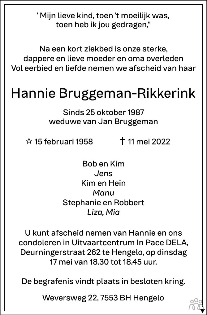 Overlijdensbericht van Hannie Bruggeman-Rikkerink in Tubantia
