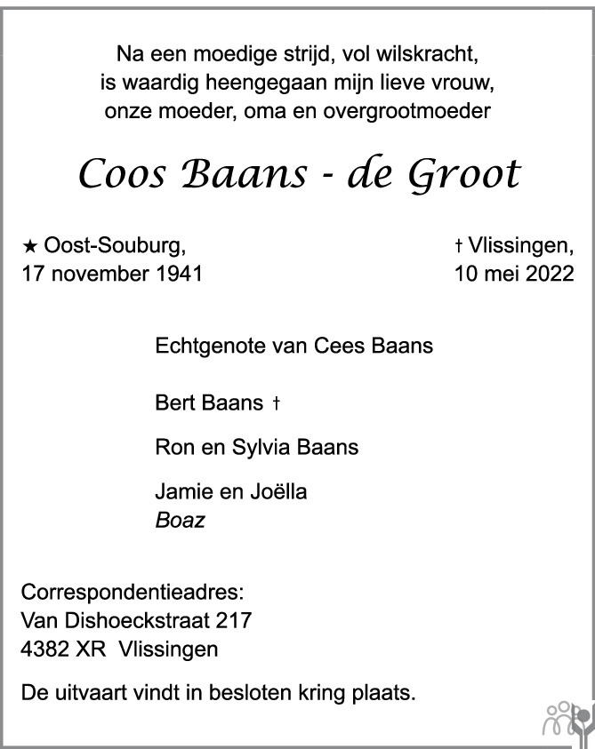 Overlijdensbericht van Coos Baans-de Groot in PZC Provinciale Zeeuwse Courant
