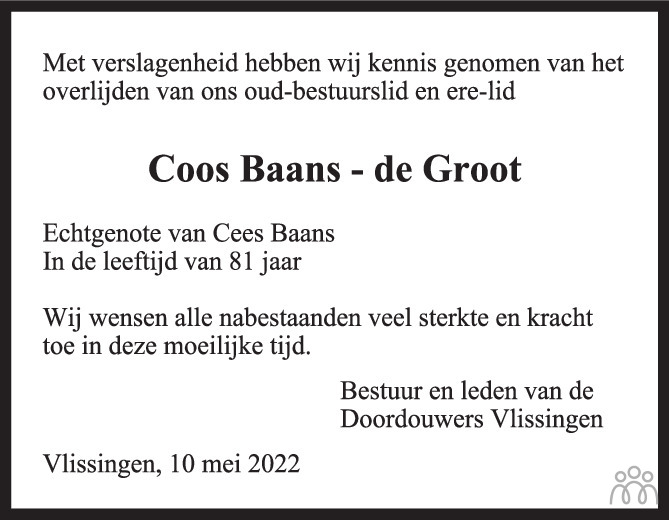 Overlijdensbericht van Coos Baans-de Groot in PZC Provinciale Zeeuwse Courant