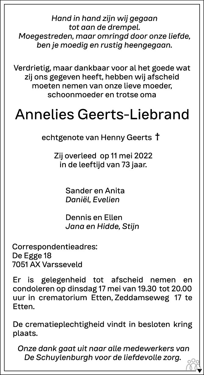 Overlijdensbericht van Annelies Geerts-Liebrand in de Gelderlander