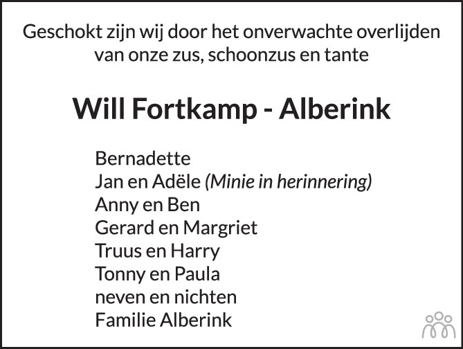 Overlijdensbericht van Will Fortkamp-Alberink in Tubantia