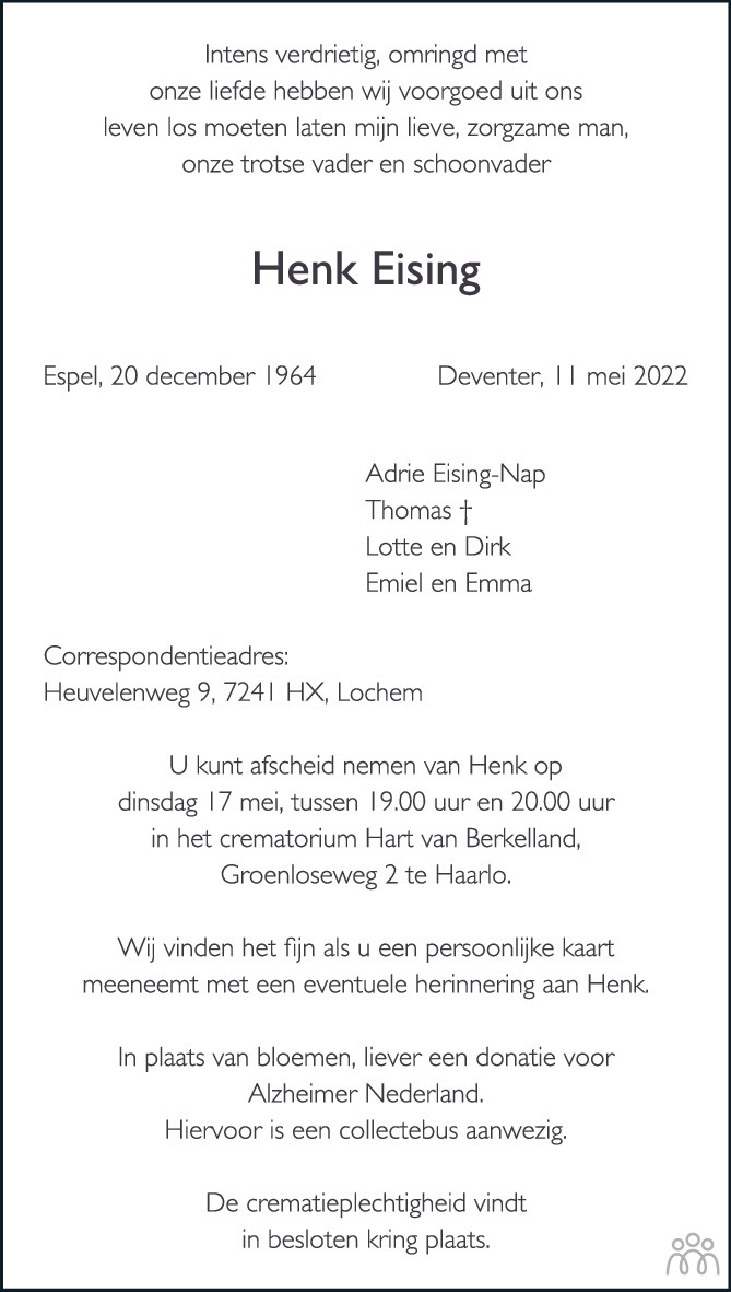 Overlijdensbericht van Henk Eising in de Stentor