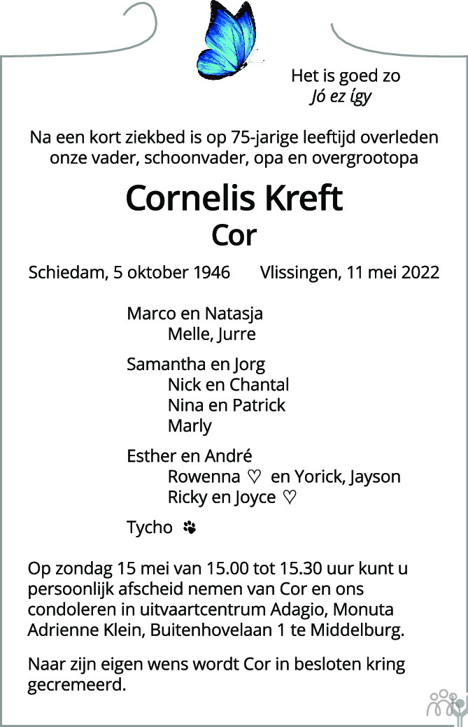 Overlijdensbericht van Cornelis (Cor) Kreft in PZC Provinciale Zeeuwse Courant